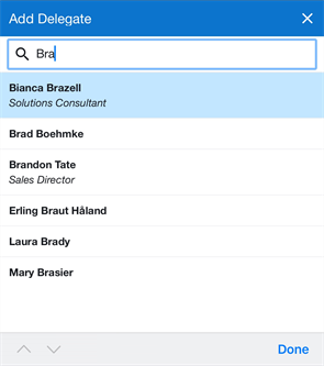 Add Delegate screen with search field and list of matching delegate names displayed.