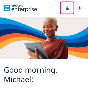 Home screen showing the profile button highlighted in the top right corner of the Emburse Enterprise app.
