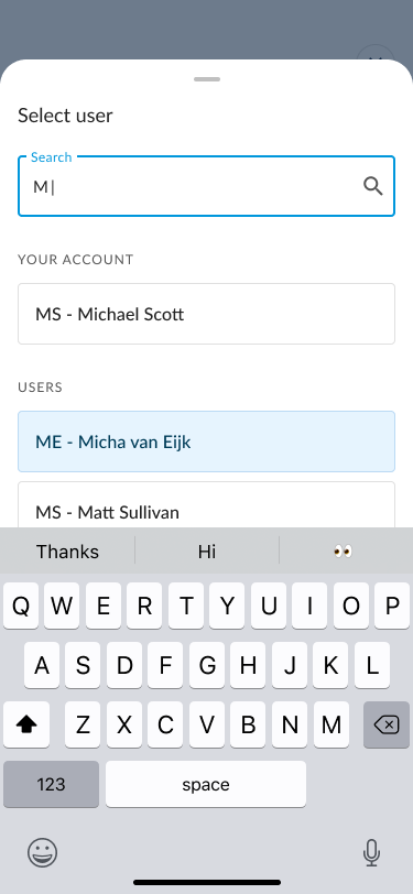 Select User screen showing search results with user Micha van Eijk highlighted.