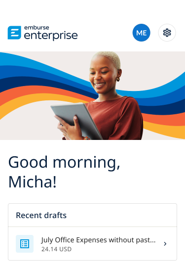 Home screen displaying a user’s initials ME button selected to access the profile menu.
