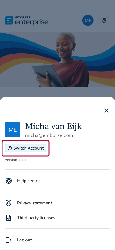 Profile menu open for Micha van Eijk with the Switch Account button highlighted.