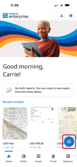 Emburse Enterprise mobile app home screen with the camera button highlighted for capturing a receipt