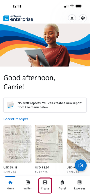 Emburse Enterprise mobile app home screen with the Create button highlighted in the bottom navigation.