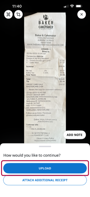 Receipt preview screen showing a receipt with options to add a note, upload, or attach another receipt.