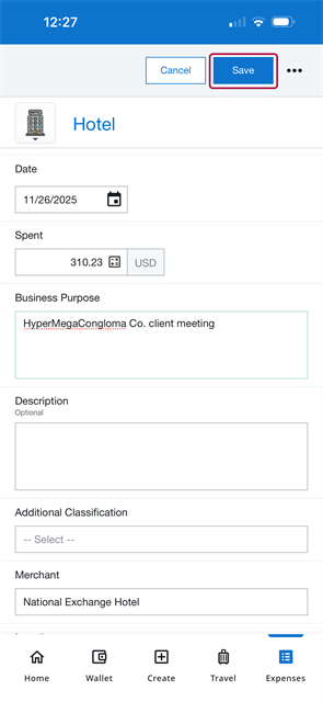 Hotel expense entry screen with date, amount, business purpose, merchant, and Save button visible.