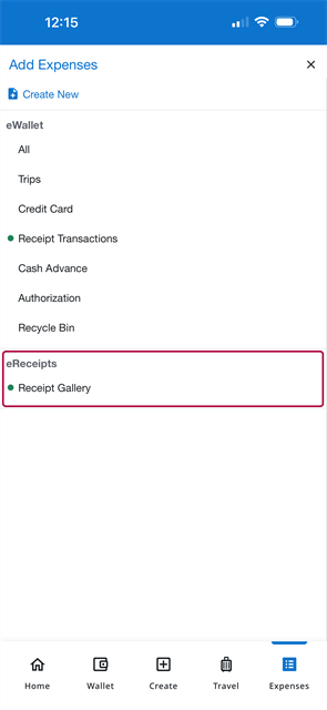 Add Expenses menu with options like Create New, Trips, Credit Card, and Receipt Gallery highlighted.