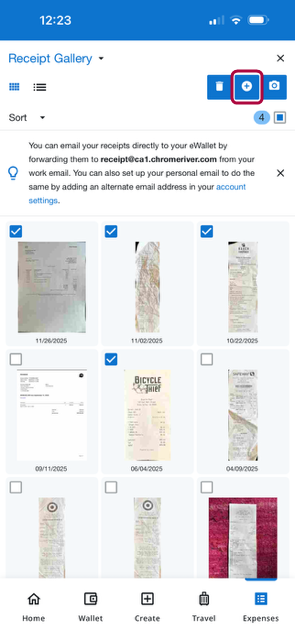 Receipt Gallery screen with multiple receipt thumbnails selected and the Add button highlighted.
