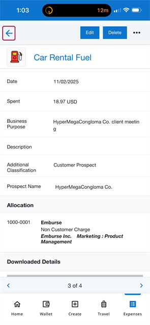 Car rental fuel expense details screen showing amount, business purpose, allocation, and Back button in upper left corner.