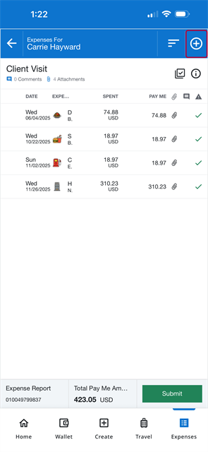 Expense report screen with the Plus button highlighted in the upper right for adding expenses to the report.