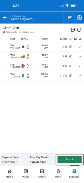 Expense report summary screen with total amount and the Submit button highlighted at the bottom.