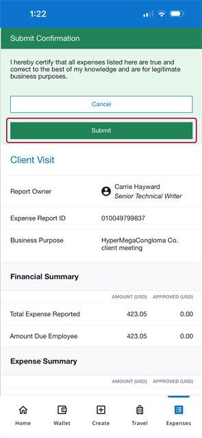  Submit Confirmation screen with certification text and the Submit button highlighted.