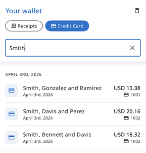 Your wallet screen showing search results for credit card transactions matching the text “Smith.”