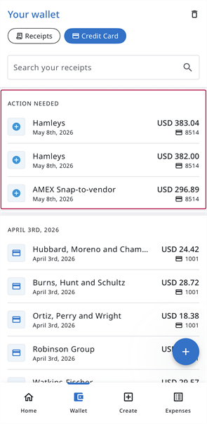 Action Needed section in your wallet showing credit card transactions that still require receipts.