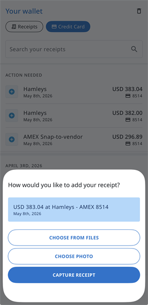 Add receipt dialog displaying options to choose a file, select a photo, or capture a receipt for a credit card transaction.