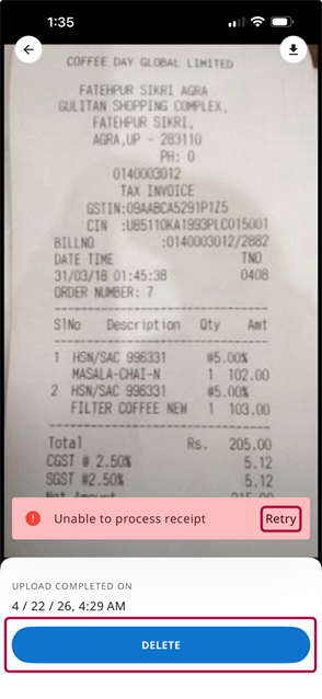 Receipt details screen displaying an error message and Retry option for a receipt that could not be processed.