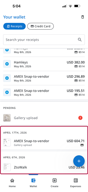 Processed receipts section in your wallet showing completed receipts grouped by date below the Pending section.
