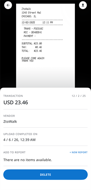 Receipt details screen displaying a receipt image, transaction amount, vendor, upload date, and Delete button.