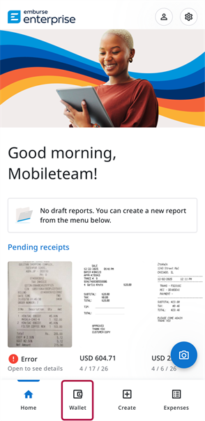Home screen of the Emburse Enterprise mobile app showing the Wallet button in the navigation bar and pending receipt cards.