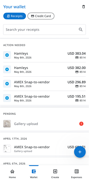 Your wallet screen with the Receipts filter selected, showing Action Needed transactions, pending receipts, and processed receipts grouped by date.