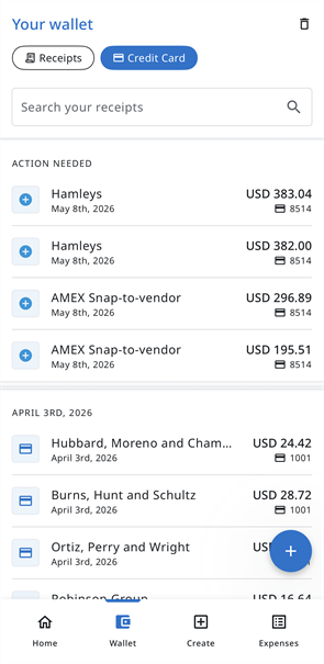 Your wallet screen with the Credit Card filter selected, displaying credit card transactions grouped by date.