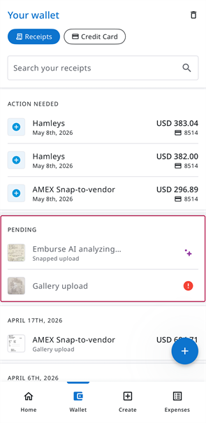 Pending section in your wallet showing receipts that are uploading or processing through Emburse AI.