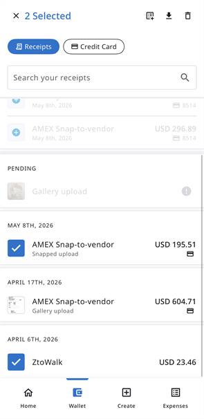 Your wallet screen with multiple receipts selected using checkboxes in multi-select mode.