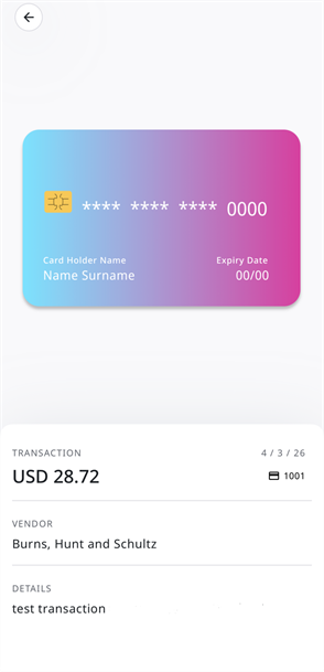 Credit card transaction details screen displaying transaction amount, vendor, card reference, and additional transaction details.