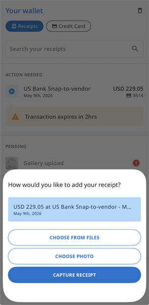Wallet screen displaying receipt upload options including Choose From Files, Choose Photo, and Capture Receipt.