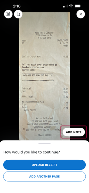 Receipt capture screen showing a receipt image with an Add Note option before upload.