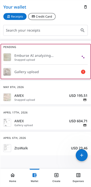 Wallet Receipts tab showing uploaded receipts in the Pending section while processing completes.
