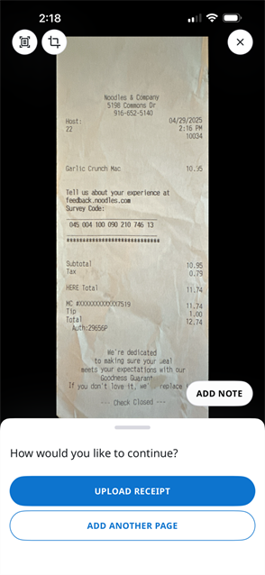 Receipt upload confirmation screen with Upload Receipt and Add Another Page options.