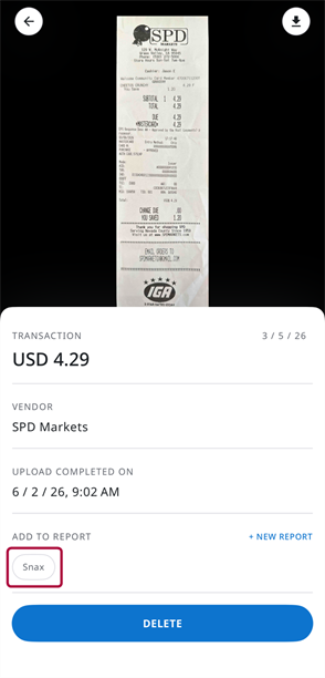 Receipt Details screen with draft report options