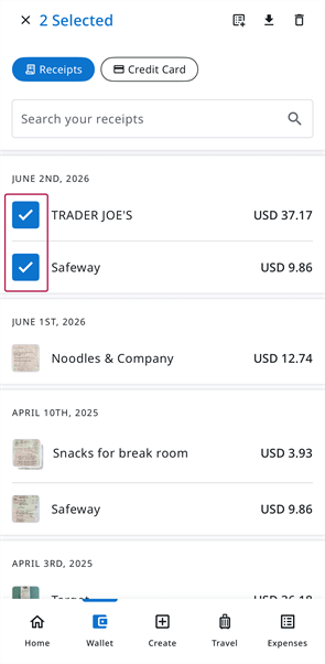 Wallet with checked checkboxes next to two receipts