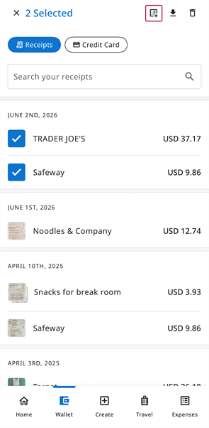 Wallet screen with multiple receipts selected
