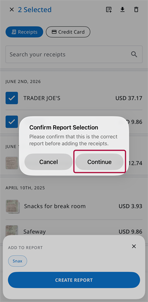 Confirm Report Selection pop-up for multiple receipts