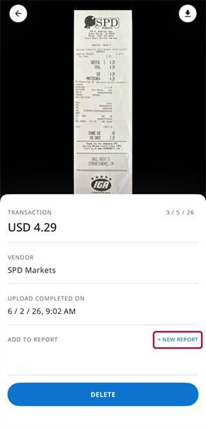 Receipt Details screen with the + NEW REPORT button under Add to Report