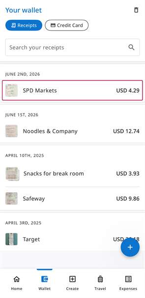 Wallet receipt list with one receipt selected