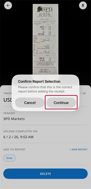 Confirm Report Selection pop-up with Continue button