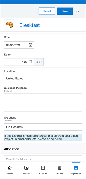 Add Expense screen with receipt attached