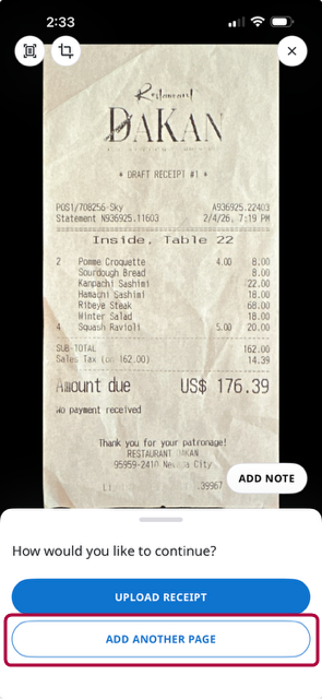 Receipt capture screen with ADD ANOTHER PAGE option