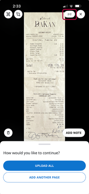 Receipt capture screen showing page 2 of a multi-page receipt