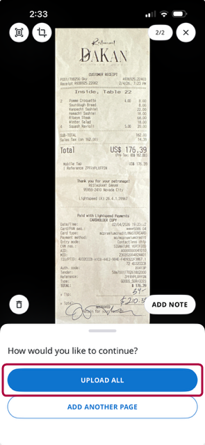 Receipt capture screen with UPLOAD ALL option