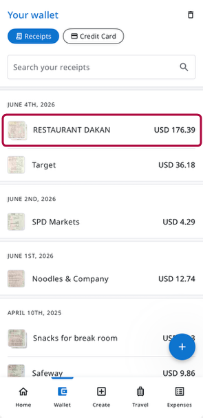Wallet screen showing a multi-page receipt in the Receipts list