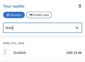 Your wallet screen showing receipt search results.
