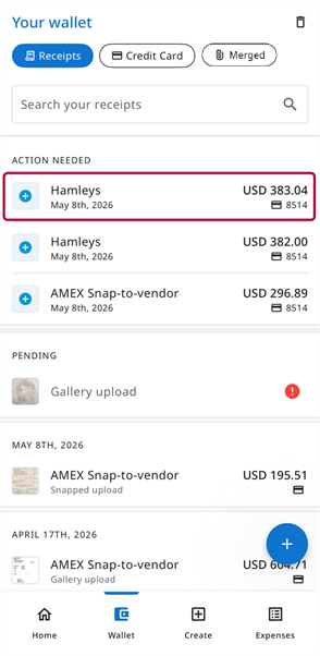 Action Needed section with a credit card transaction selected to attach a receipt.