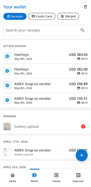 Your wallet screen with the Receipts filter selected, showing Action Needed transactions, pending receipts, and processed receipts grouped by date.