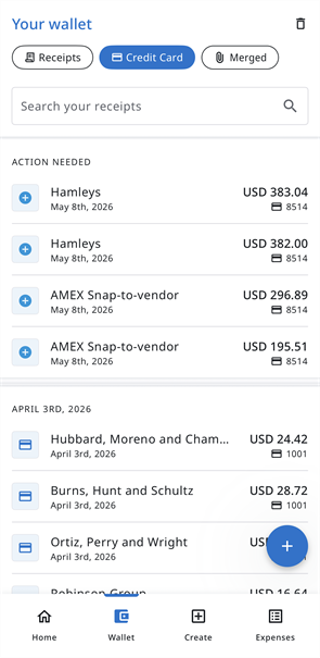 Your wallet screen with the Credit Card filter selected, displaying credit card transactions grouped by date.