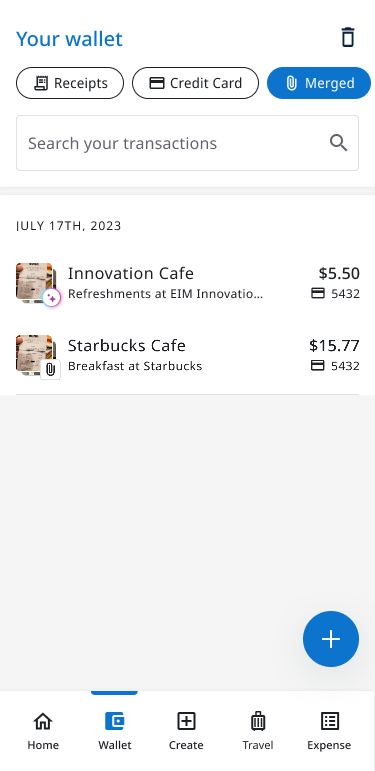 Merged filter selected in the mobile wallet, showing transactions with sparkle and paperclip merge indicators.