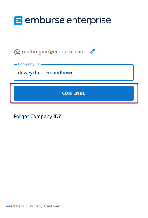 Emburse Enterprise mobile login screen with the Company ID field filled in and Continue highlighted