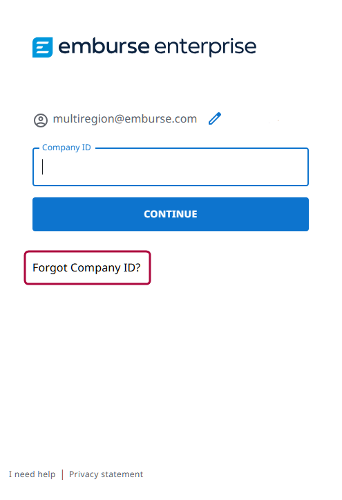 MRL - Forgot ID.pngEmburse Enterprise mobile login screen with the Forgot Company ID link highlighted